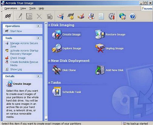 Acronis True Image Main Control Screen