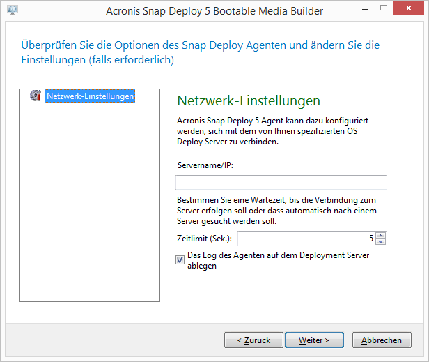 Einstellungen für den Acronis Snap Deploy 5 Agenten