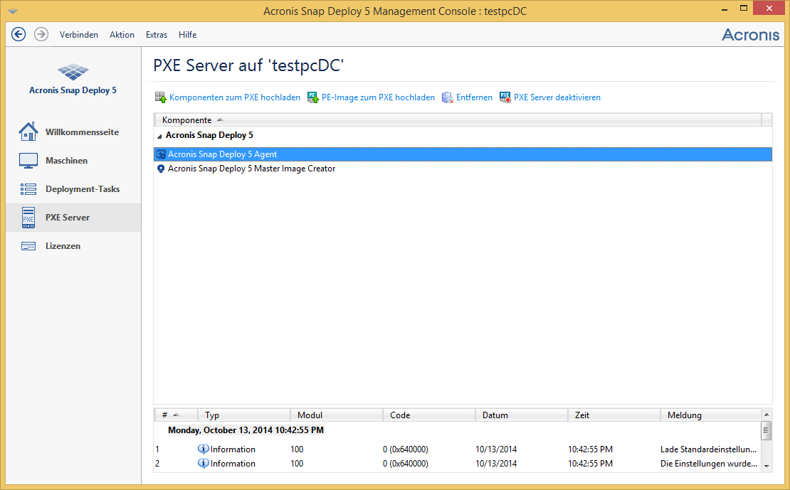 Acronis bootable components are uploaded to the PXE server