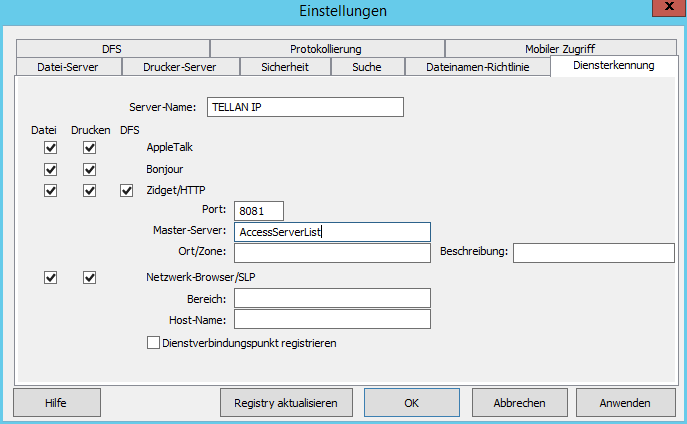 Konfiguration Einstellungen Dienst Discovery