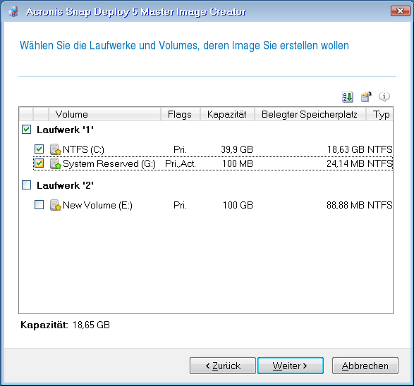 Wählen Sie die Laufwerke und Volumes für das Imaging aus
