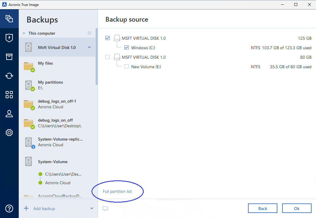 Der Modus „Kurze Volume-Liste“ in der Backup-Quelle