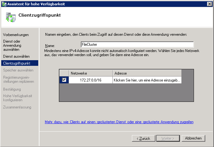 Installation Cluster Clientzugriffspunkt