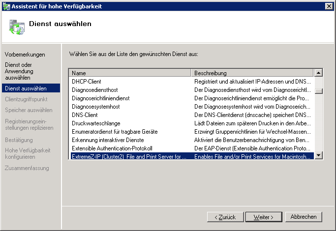 Installation Cluster Auswahl Dienst
