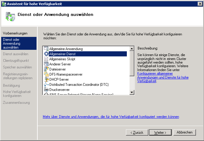 Installation Cluster Auswahl Dienst oder Anwendung