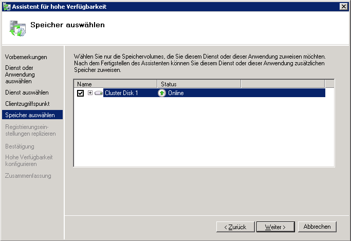 Installation Cluster Auswahl Storage