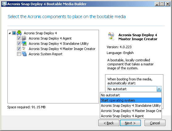 Selecting bootable components