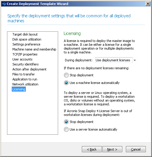 Specifying licensing settings
