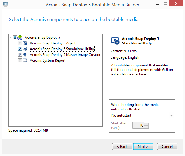 The Acronis stand-alone components to be placed on the bootable media