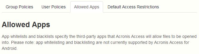 webUI Mobile Access Policies Allowed Apps page