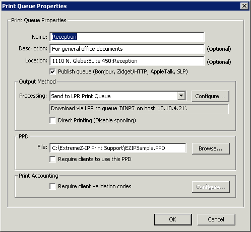 Quickstart Print Queue Properties