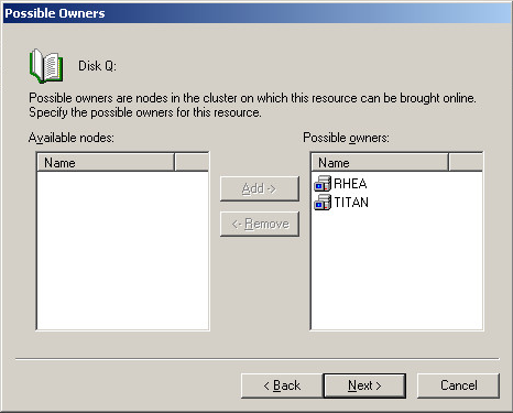 Clustering 2003 Possible Owners Disk