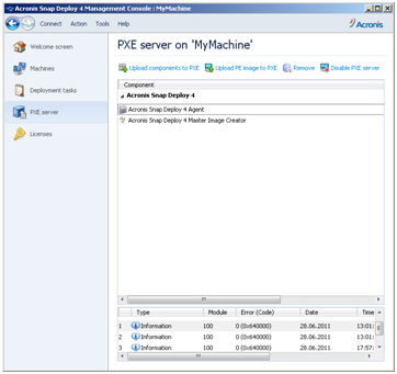 Acronis bootable components are uploaded to the PXE server
