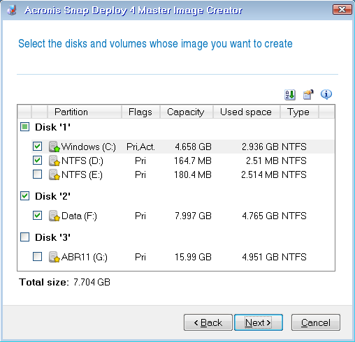 Select disks and volumes to image