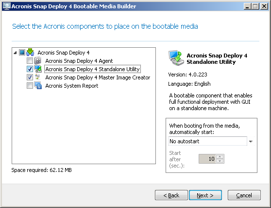 The Acronis stand-alone components to be placed on the bootable media