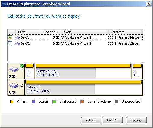 Selecting a disk from the master image