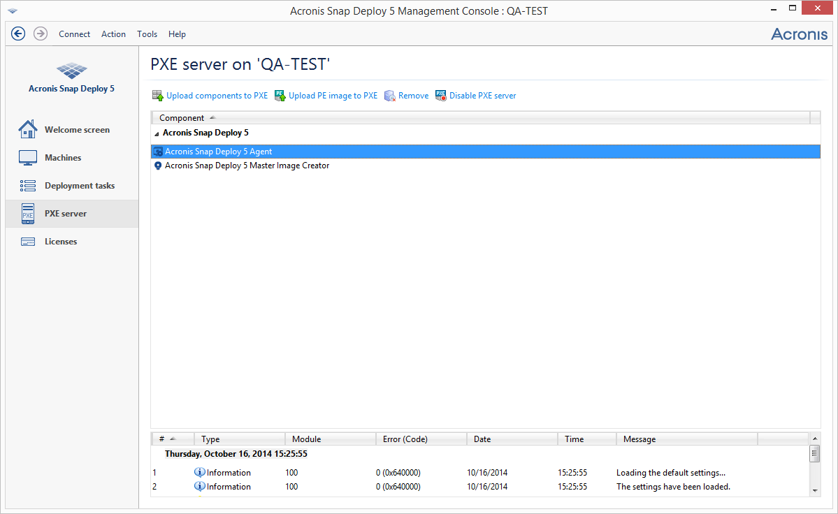 Acronis bootable components are uploaded to the PXE server