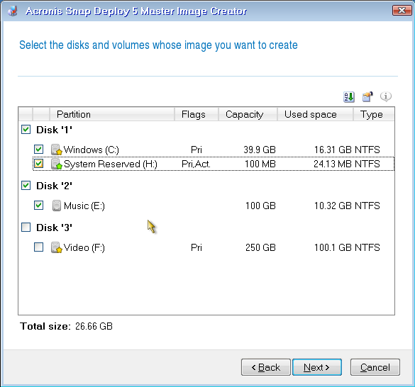 Select disks and volumes to image