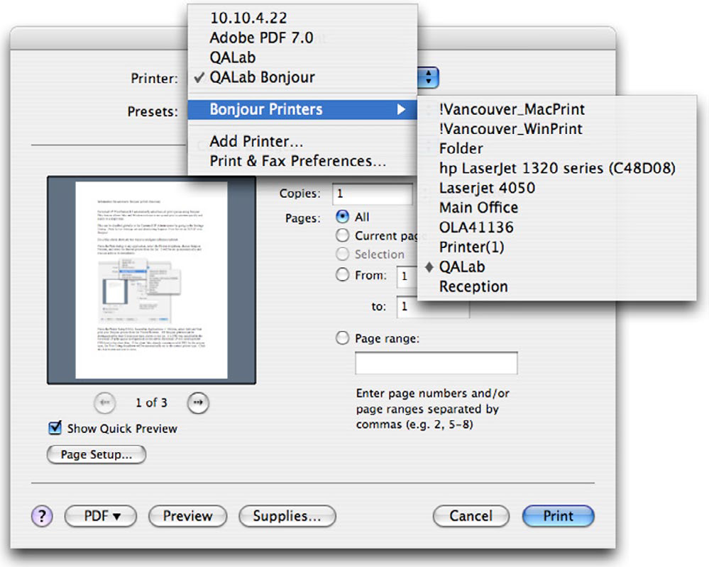 Configuring Zidget Using Bonjour With Print Dialog