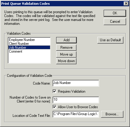 Using Setting up a Print Queue Validation Codes