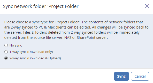 web client syncing network folders dialog