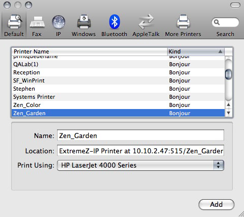Configuring Zidget Adding Printer Bonjour
