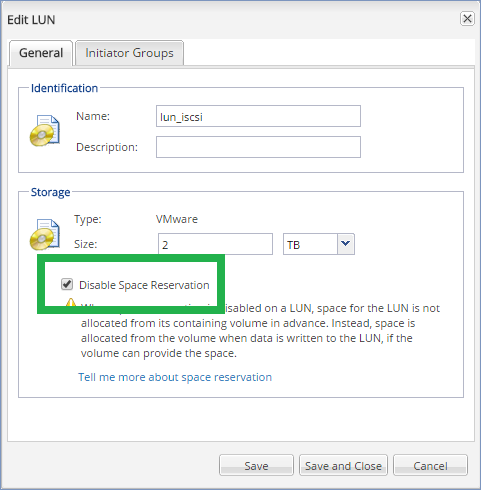NetApp disable space reservation
