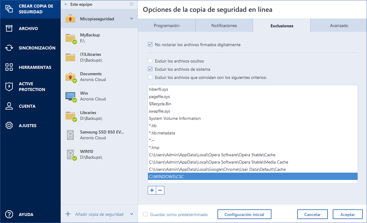 Exclusión de archivos