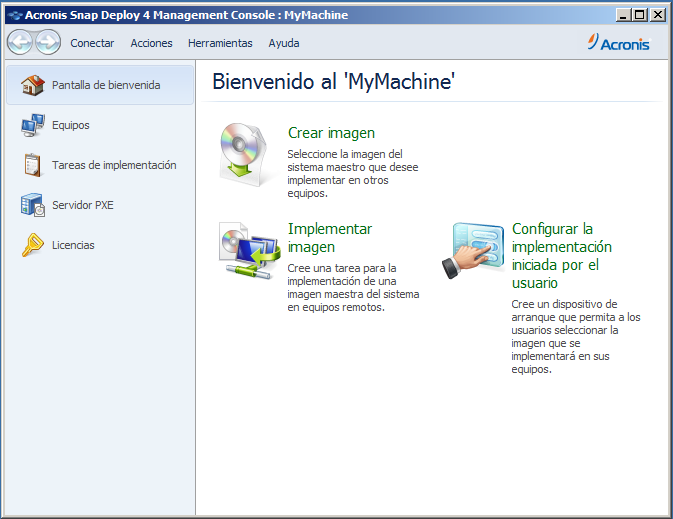 The welcome screen of the management console