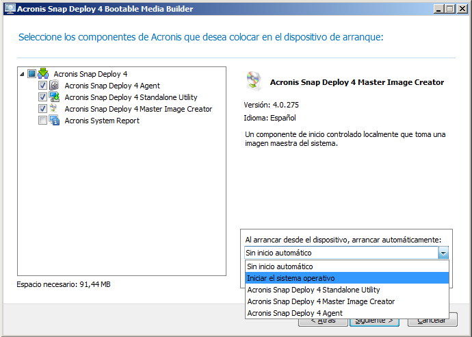Selecting bootable components