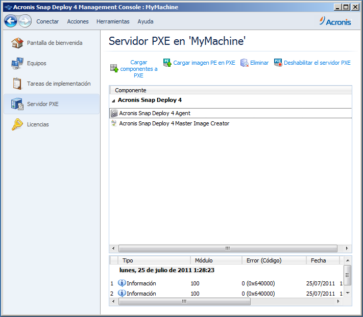 Acronis bootable components are uploaded to the PXE server