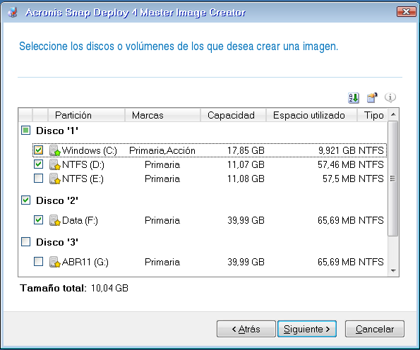 Select disks and volumes to image
