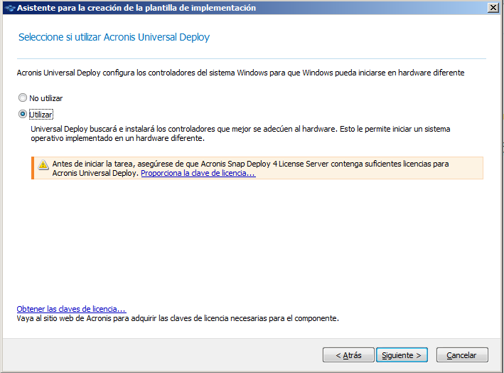 Select whether to use Acronis Universal Deploy