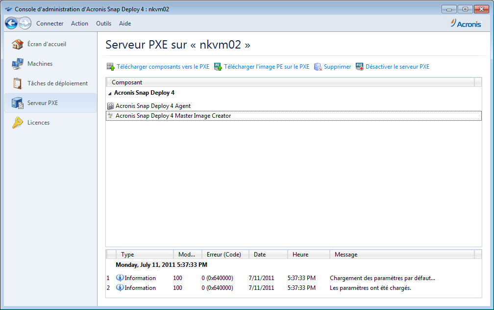 Acronis bootable components are uploaded to the PXE server