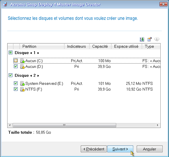 Select disks and volumes to image