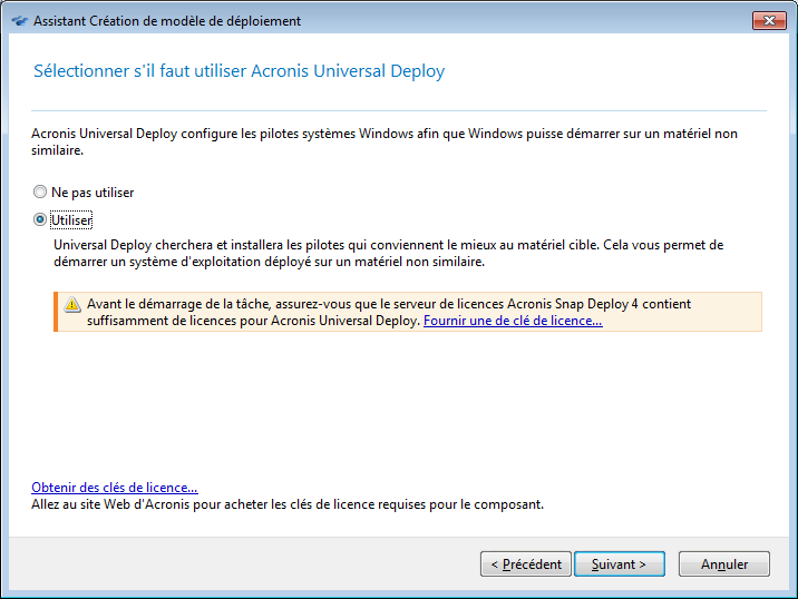 Select whether to use Acronis Universal Deploy