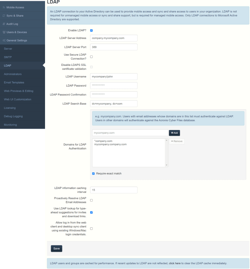 LDAP の設定ページ